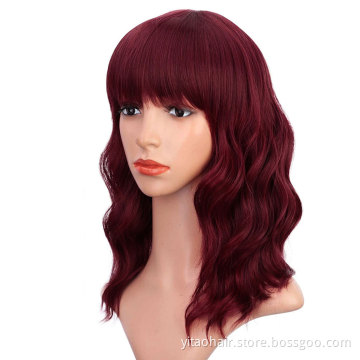 FZY Hair Heat Resistant Fiber Short Wavy Wig with Bangs Synthetic Wigs for Women 99J Red Burgundy Natural Hair Bob Wig Daily